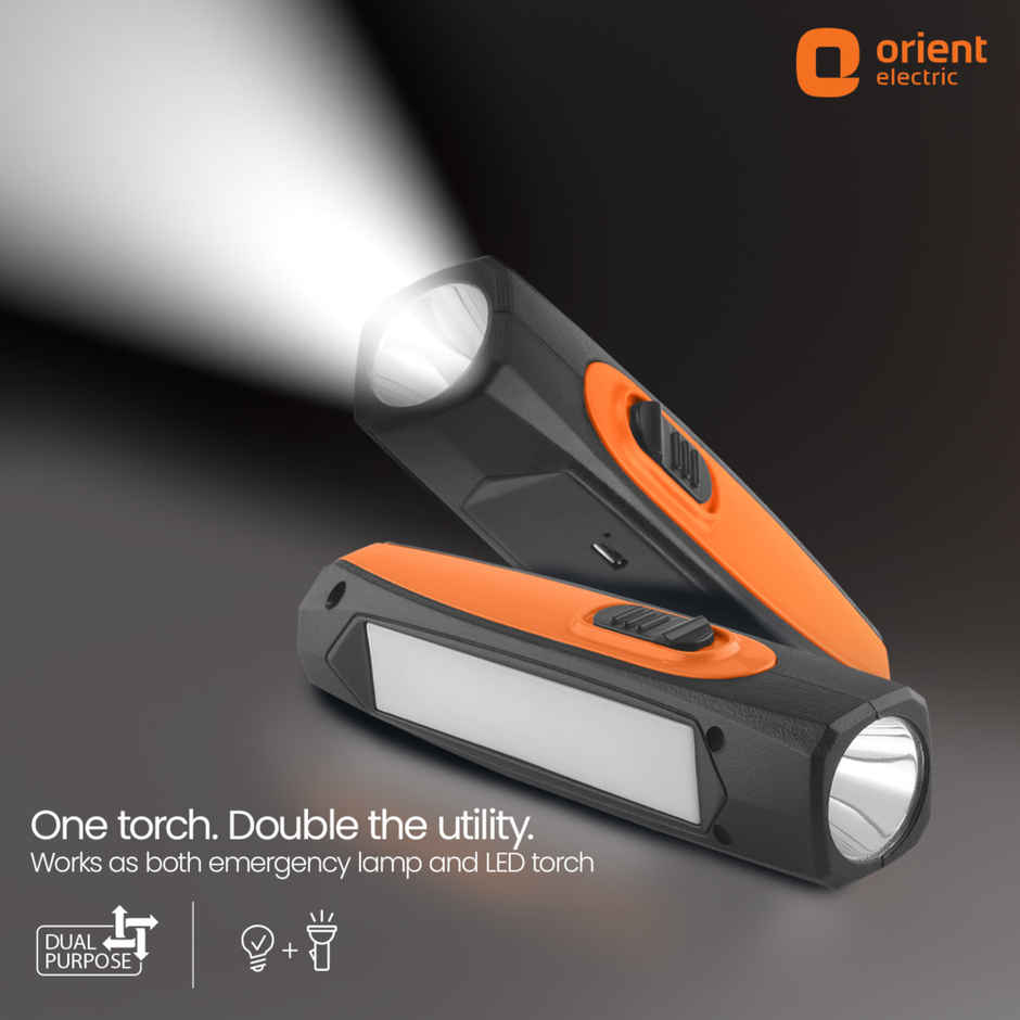 Orient Electric Ranger Dual Light LED Torch | 600 mAh Li Ion Battery | 13cm,Orange and Black