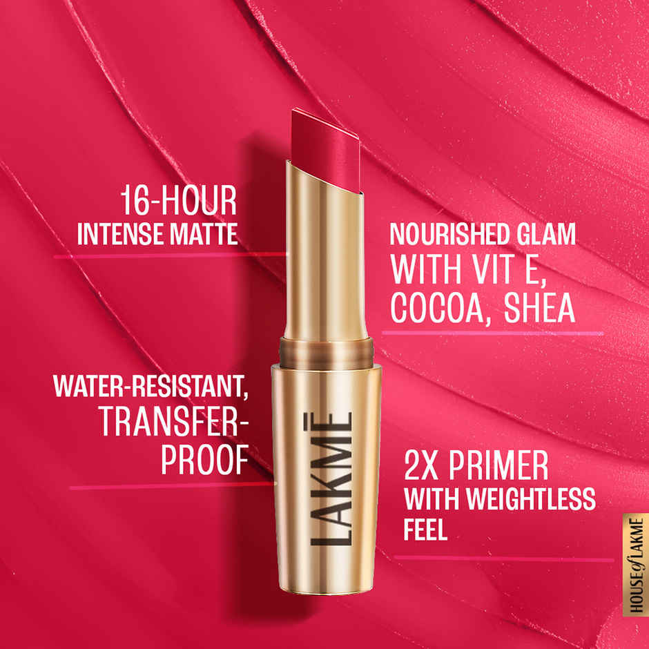 Lakme 9to5 Powerplay Priming Matte Lipstick, Lasts 16hrs, Scarlet Surge
