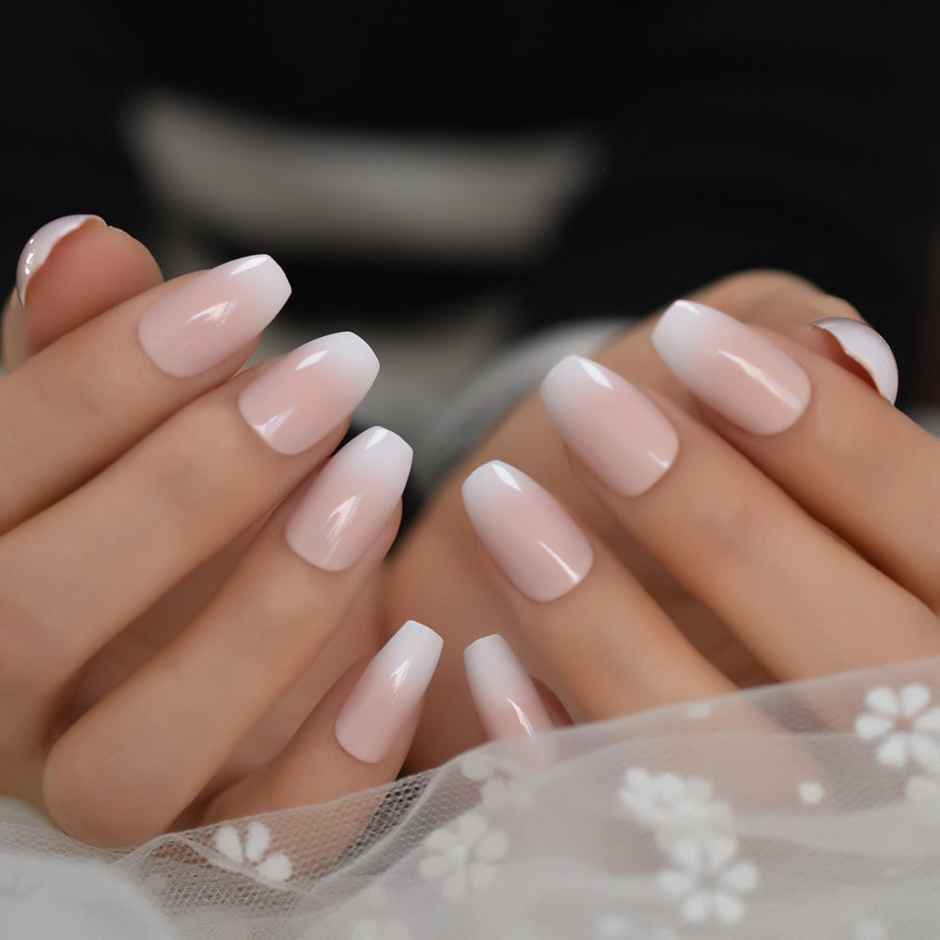 Gush Beauty Nailed It | Reusable Luxury Press On Nails | Long Coffin | Creme De Nude | & White