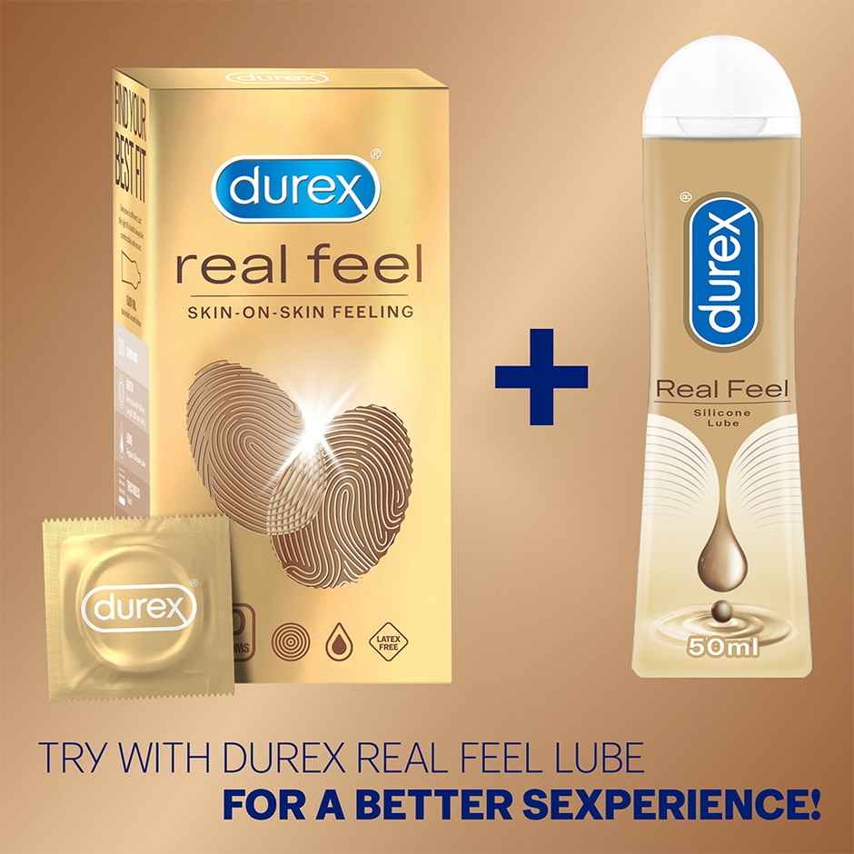 Durex Real Feel Condoms For Men - For Real Skin On Skin Feeling Latex Free (10pc) & Durex Lube - Strawberry - Flavoured Lubricant (50ml) Combo