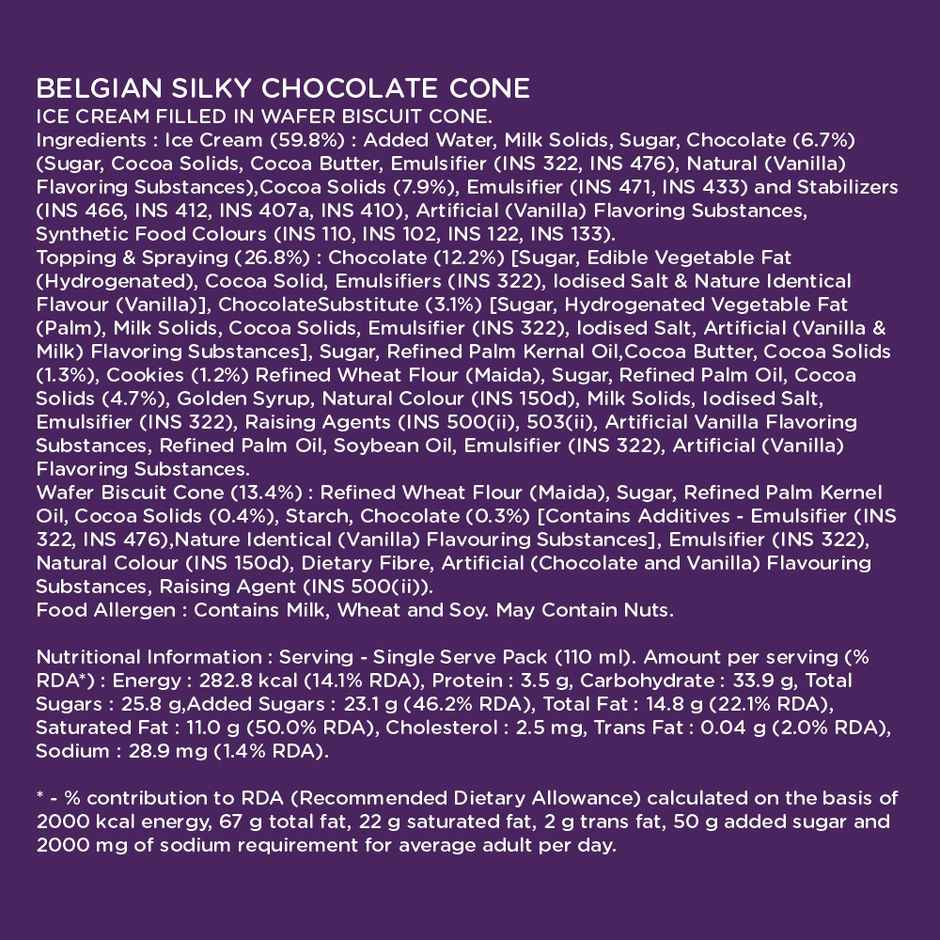 Havmor Belgian Silky Ice cream Chocolate Cone