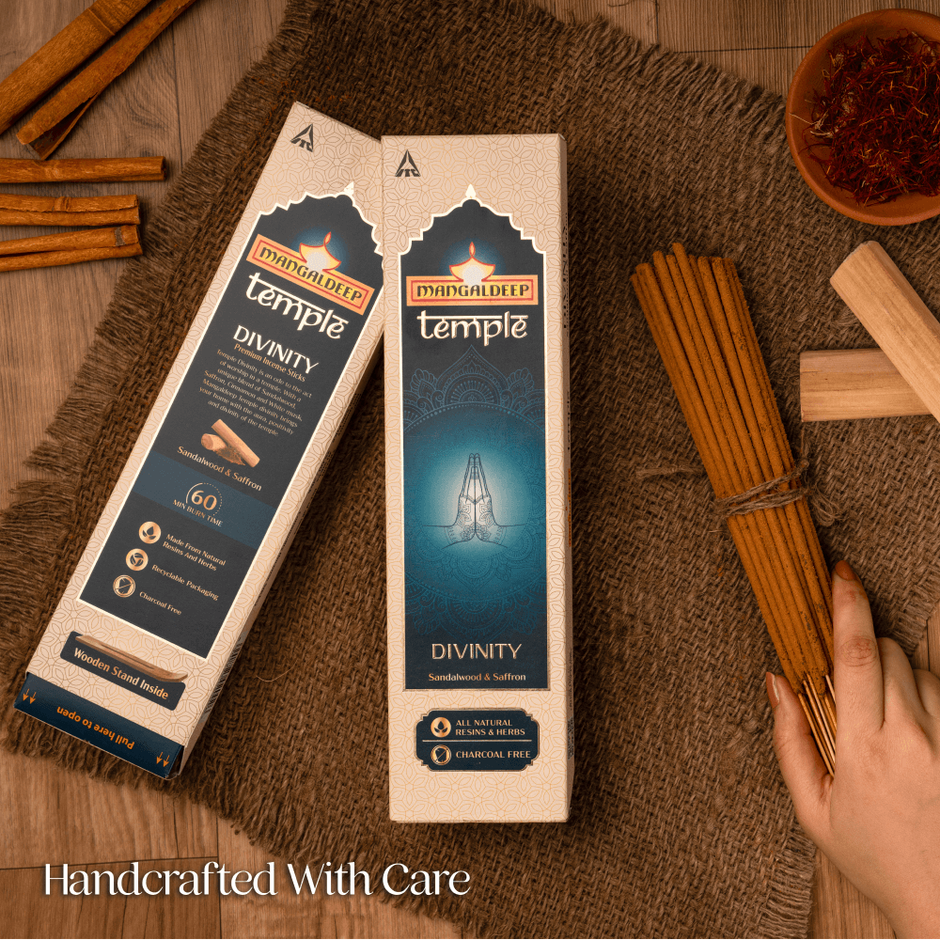 Mangaldeep Temple Divinity Sandalwood & Saffron Infused Fragrances - Hand Rolled Premium Incense