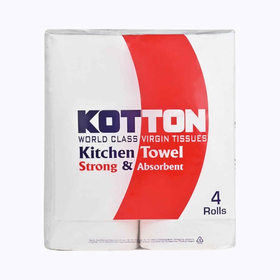 Kotton 2 Ply Kitchen Towel Paper Roll/100% Virgin Pulp/Paper - Pack Of 4 Rolls - 60 Pulls Per Roll