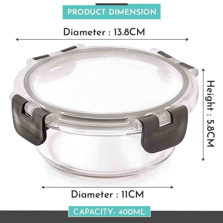 Magnus Glock 400 ml Round Grey Container with Airtight Lid & Detachable Lock, Borosilicate Glass