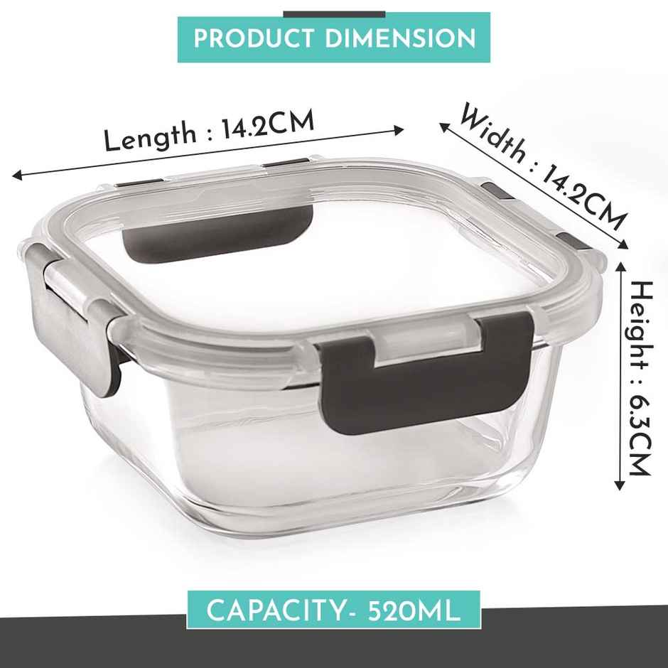 Magnus Glock 520 ml Square Grey Container with Airtight Lid & Detachable Lock, Borosilicate Glass