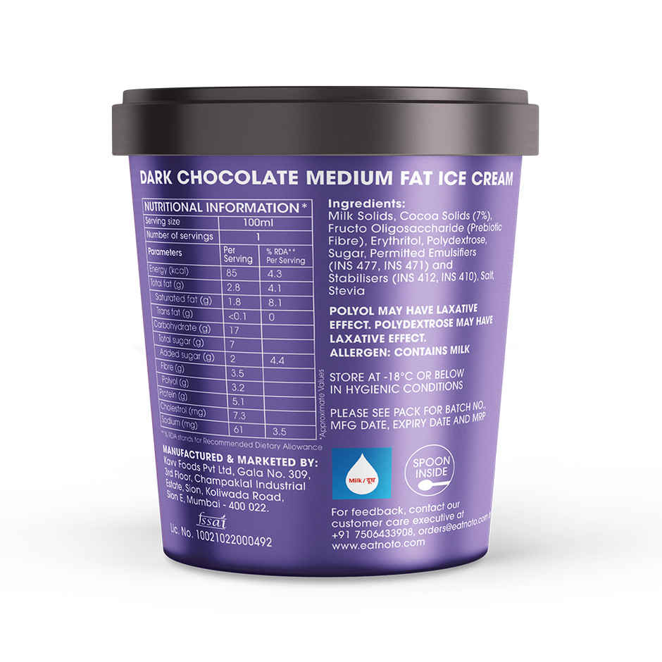NOTO Dark Chocolate Low Calorie Ice Cream Tub
