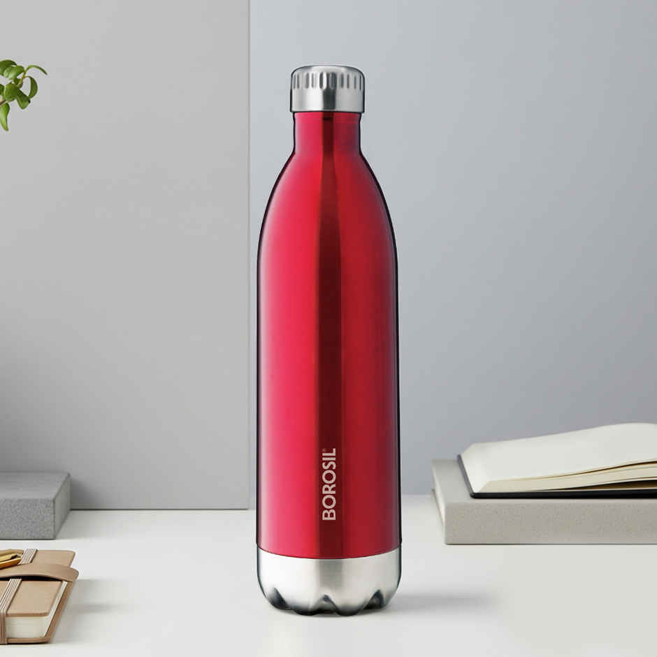 Borosil Bolt Double Wall Vacuum Insulated Stainless Steel Water Bottle | Trans Red | 1 L