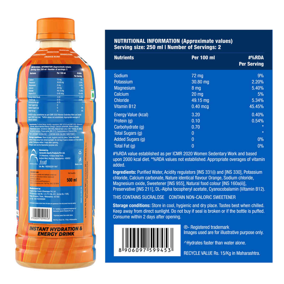 Fast&Up Reload Orange Zero Sugar Energy Drink | Instant Electrolytes | Healthy & Refreshing Drink