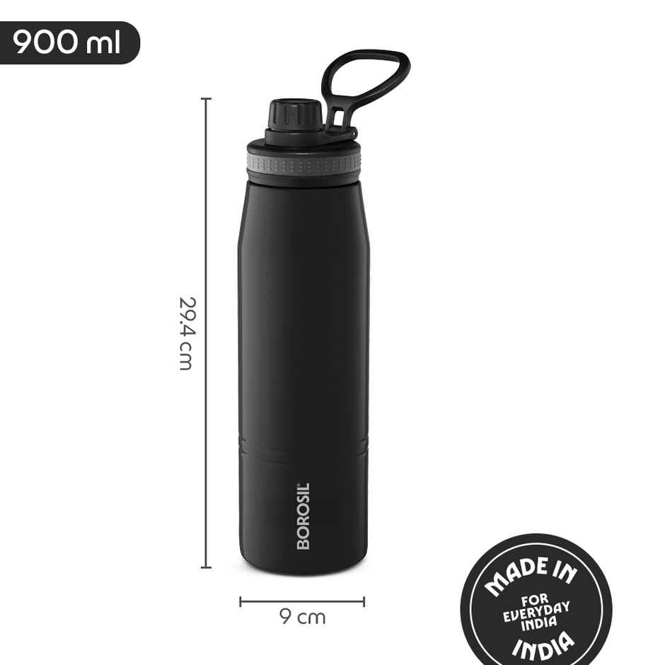 Borosil GoSports Stainless Steel Wate Bottle | 900 ml | Black | Double Wall Vacuum Insulated Flask