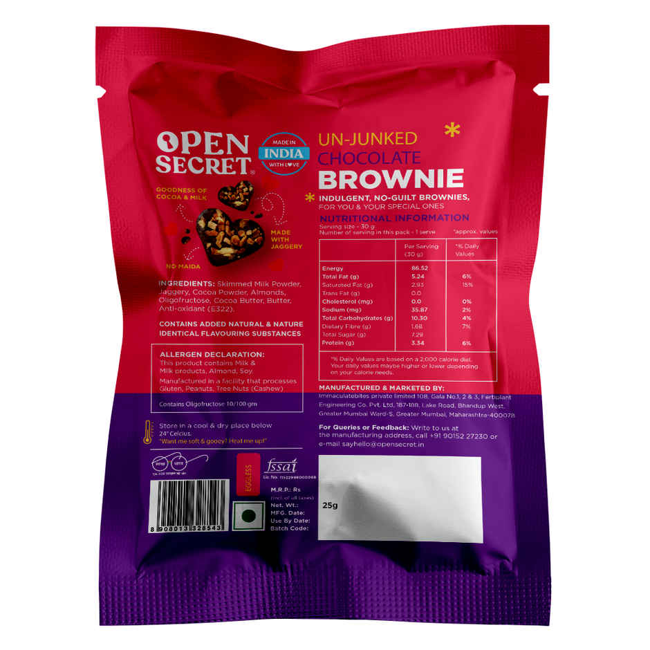 Open Secret Heart Shaped Chocolate Almond Brownie, No Maida, Zero Palm Oil