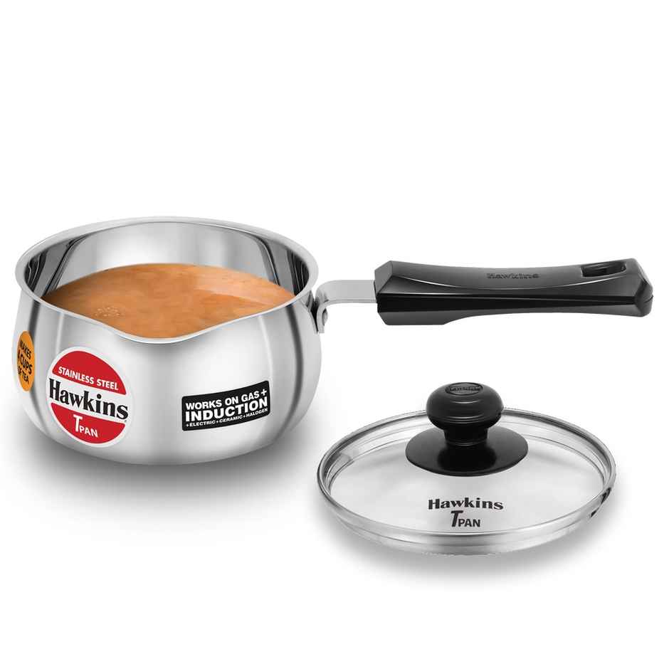 Hawkins 1 Litre Tpan Stainless Steel Tea Pan With Glass Lid Induction Sauce Chai Pan Small - Silver