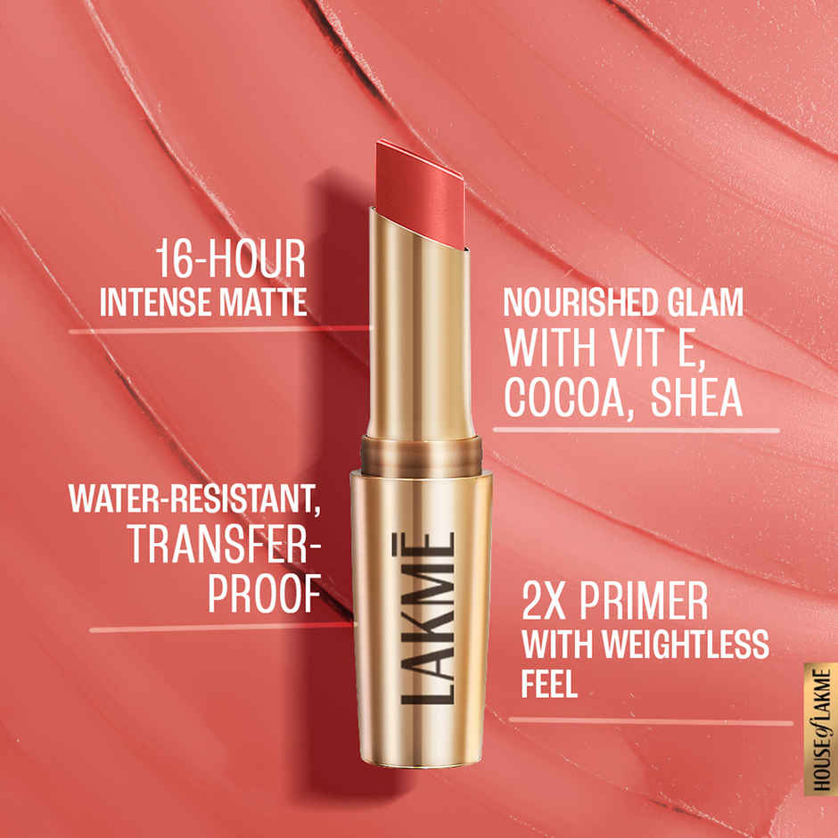 Lakme 9to5 Powerplay Priming Matte Lipstick, Lasts 16hrs, Coral Date