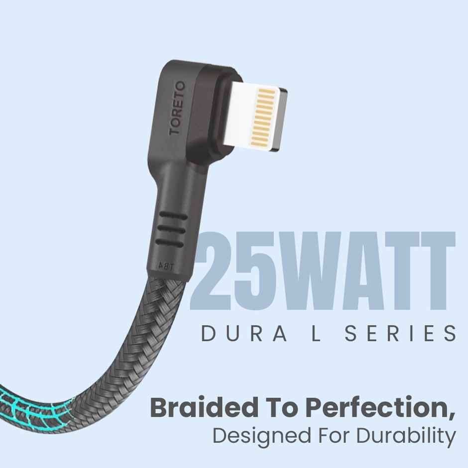 Toreto USB to Lightning 3A Fast Charging Nylon Braided Cable Compatible for iPhone 14,13, 12,11, X, 8, 7, 6, 5, iPad, Macbook, iMac, AirPods, Fast Data Sync, 1Meter - Black