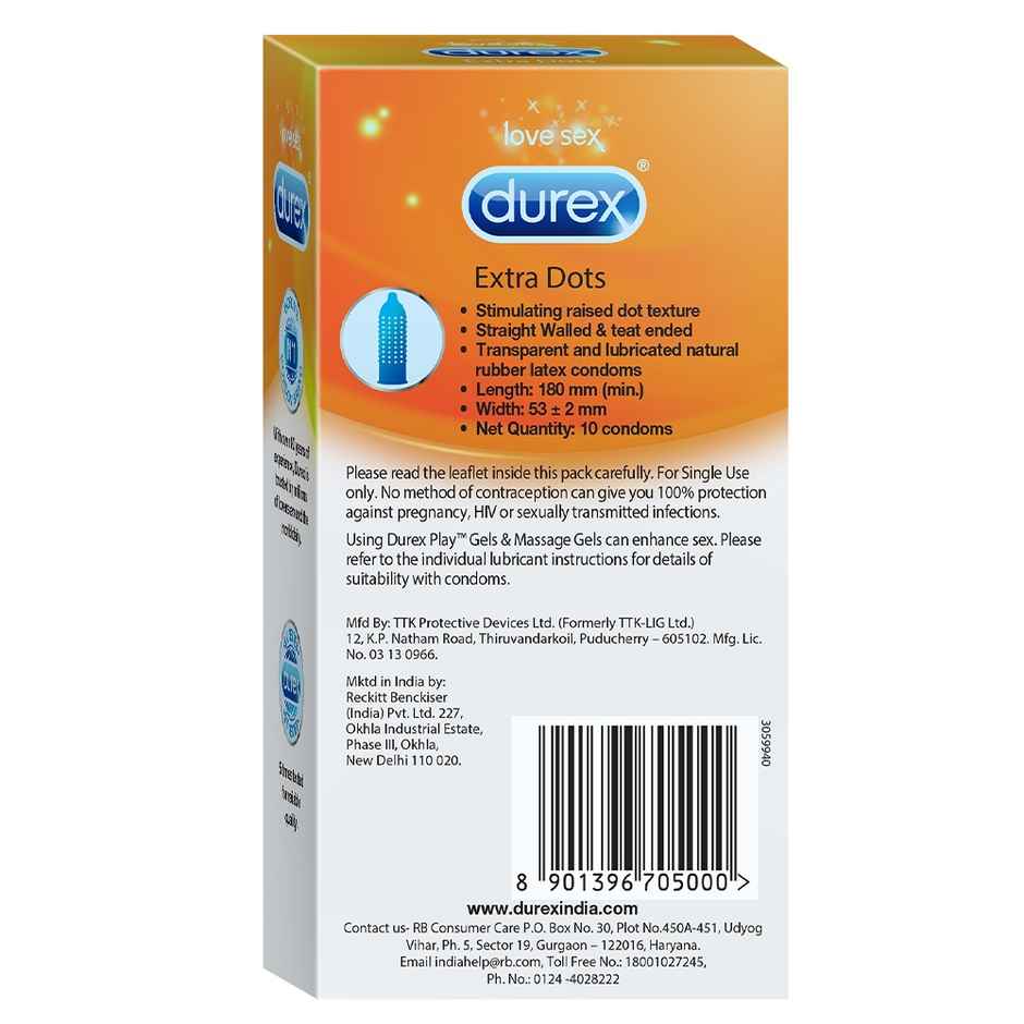 Durex Extra Dots Condom - Dotted Condoms (10pc) & Durex Lube - Strawberry - Flavoured Lubricant (50ml) Combo