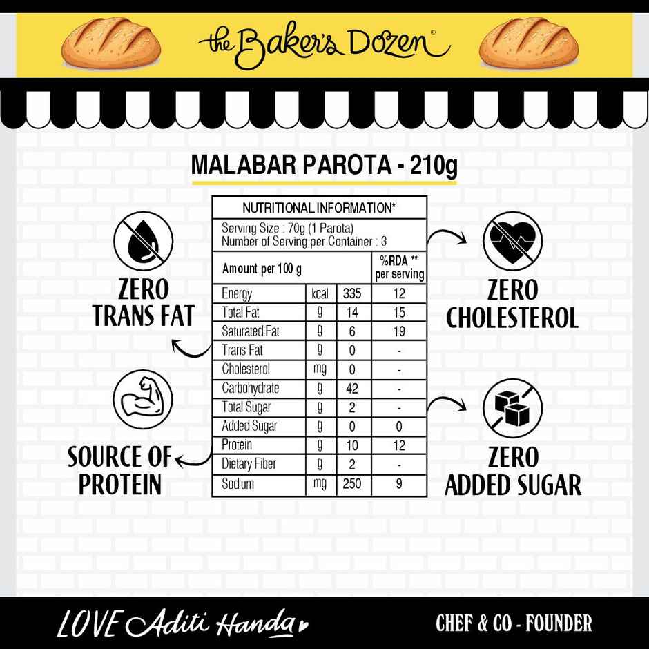 The Baker'S Dozen Zero Palm Oil Malabar Parota | Wheat Paratha | Ready To Eat | Ready To Cook (210g) & The Baker'S Dozen Zero Maida Butter Garlic Toast Baked Snack No Palm Oil No Preservatives 100% Wholewheat (90g) Combo 