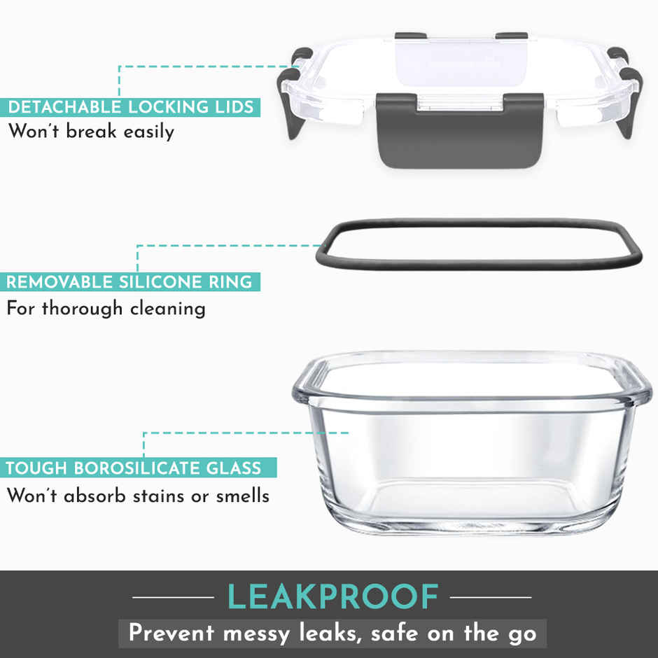 Magnus Glock 800 ml Square Grey Container with Airtight Lid & Detachable Lock, Borosilicate Glass