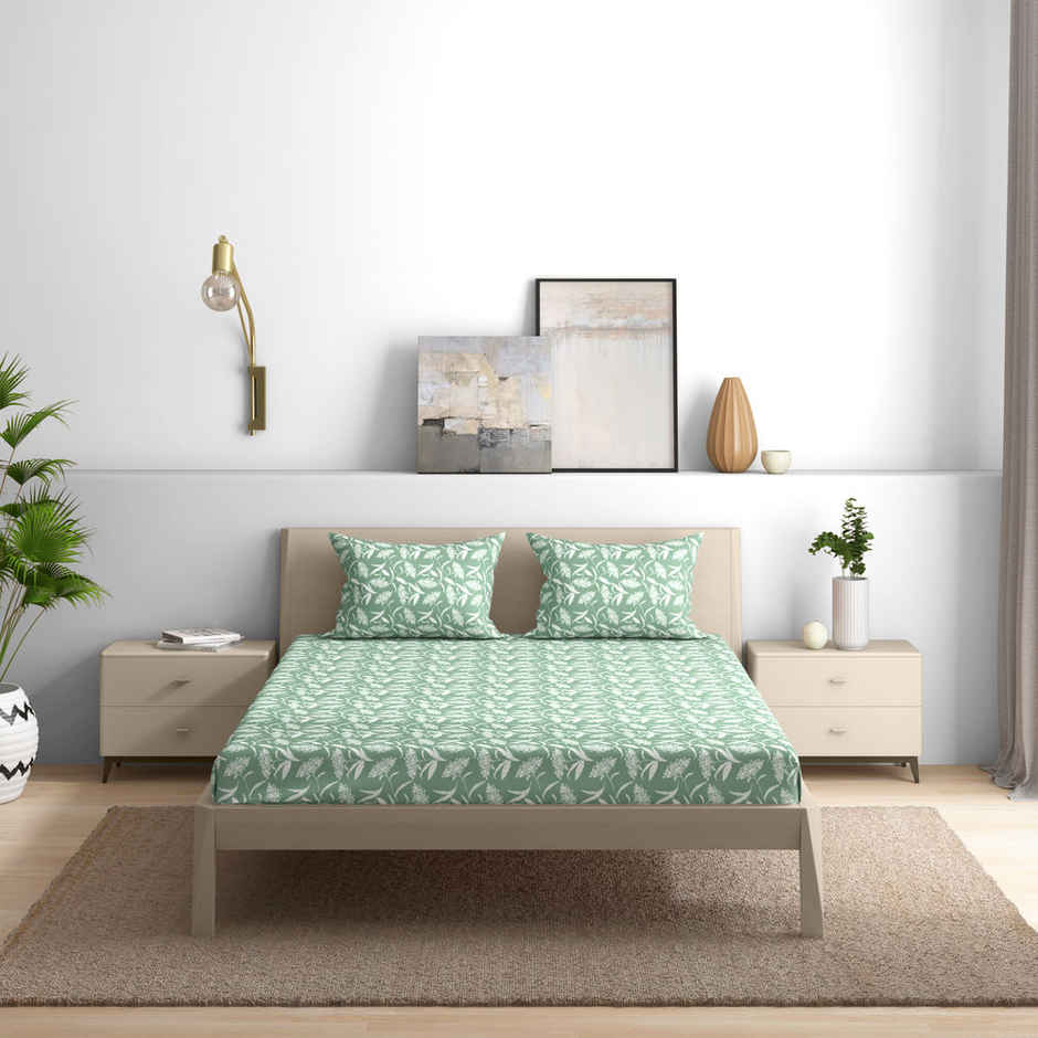 Wakefit 100% Cotton 144 TC Fitted King Leafy Bedsheet With 2 Pillow Cover | Hester | 78 x 72 in