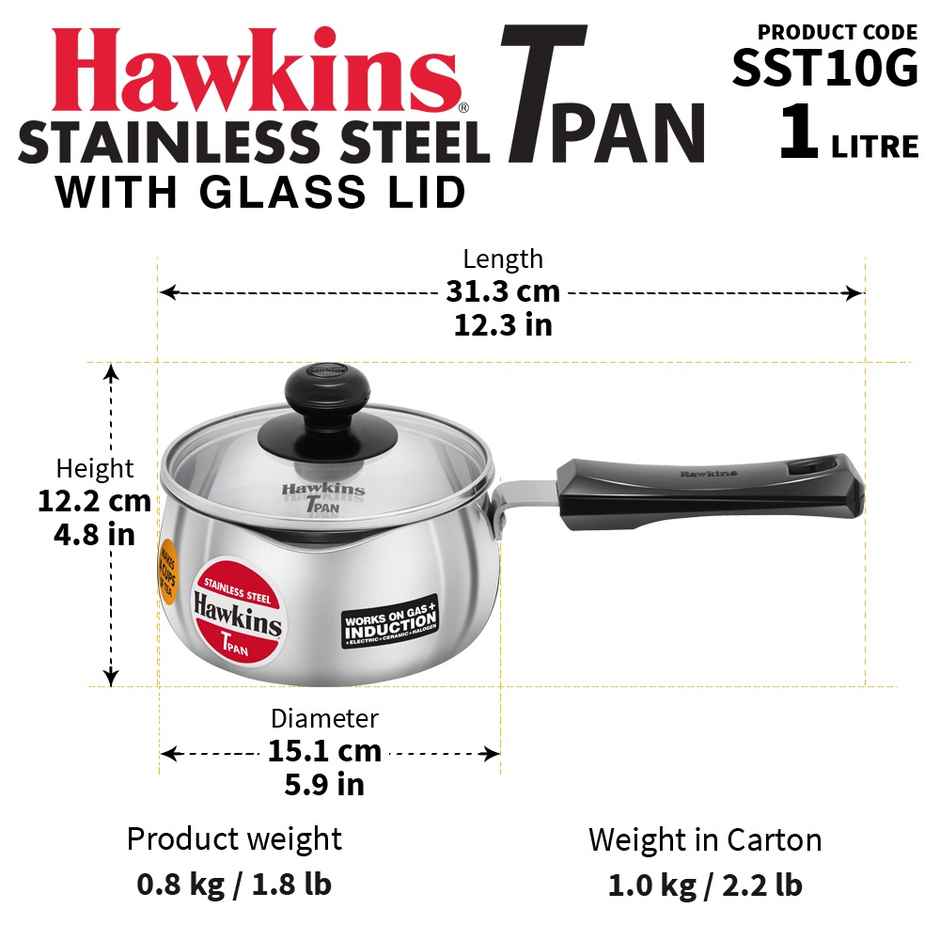 Hawkins 1 Litre Tpan Stainless Steel Tea Pan With Glass Lid Induction Sauce Chai Pan Small - Silver