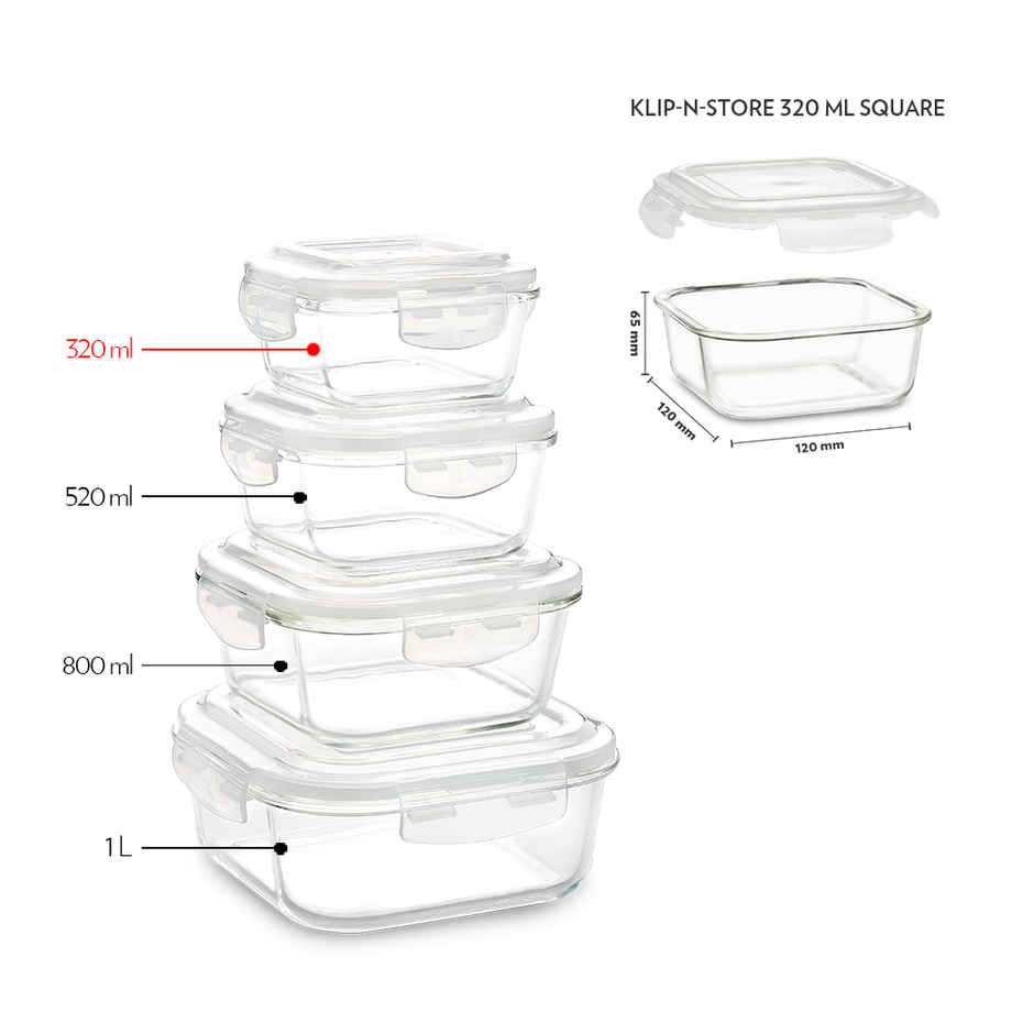 Borosil Klip N Store Storage Container With Airtight Lid (320 ml) | Borosilicate Glass