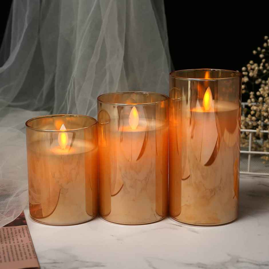 DesiDiya Flameless LED Candles Set of 3 Remote Control Acrylic Glass Candle Flickering Flame