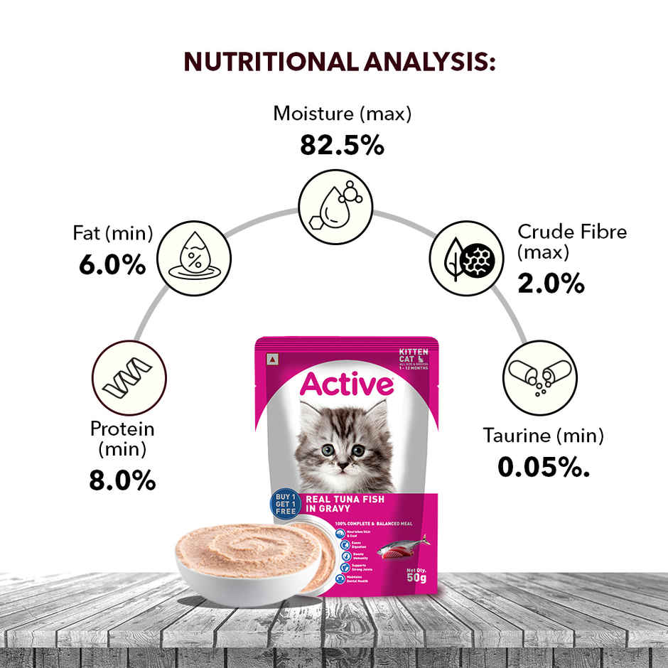 Active Kitten Wet Food, Real Tuna in Gravy, 8 Pouches (Buy 1 Get 1 Free)