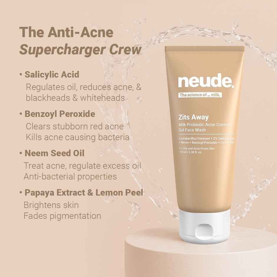 Neude Milk Probiotic Acne Control Gel Face Wash with 2% Salicylic Acid & Neem | Zits Away