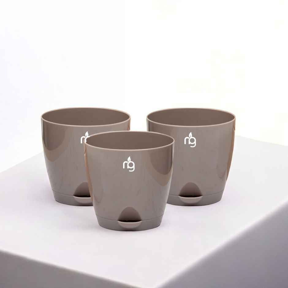 Nurturing Green - Self Watering Pots | Set of 3 | Mocha | 14cm x 12.5cm | Plant Pots with Tray