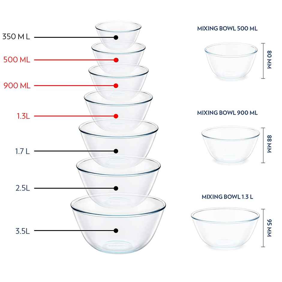 Borosil Glass Serving & Mixing Bowls With Lids, Set of 3 (500 ml + 900 ml + 1.3 L)