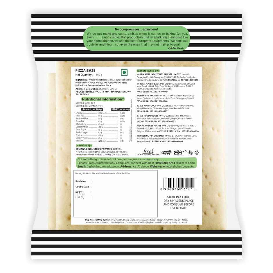 The Baker's Dozen Zero Maida Pizza Base | Made with Gut Friendly Sourdough Bread | Wholewheat