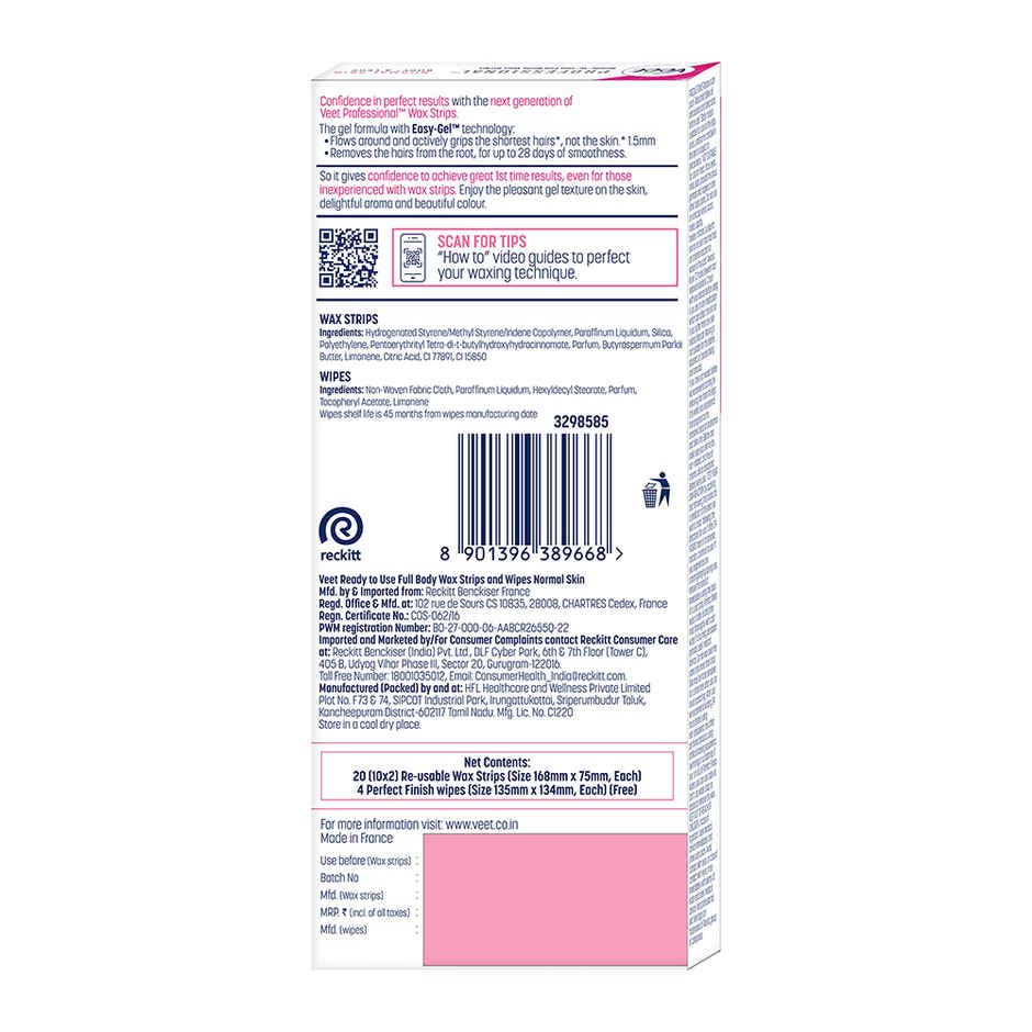 Veet Professional Waxing Strips Kit For Normal Skin | 20 Strips