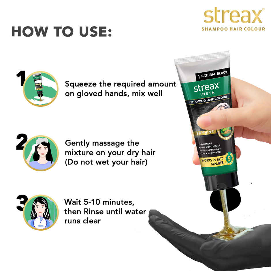 Streax Insta Shampoo Hair Colour - Natural Black, Easy Diy- Squeeze Pack