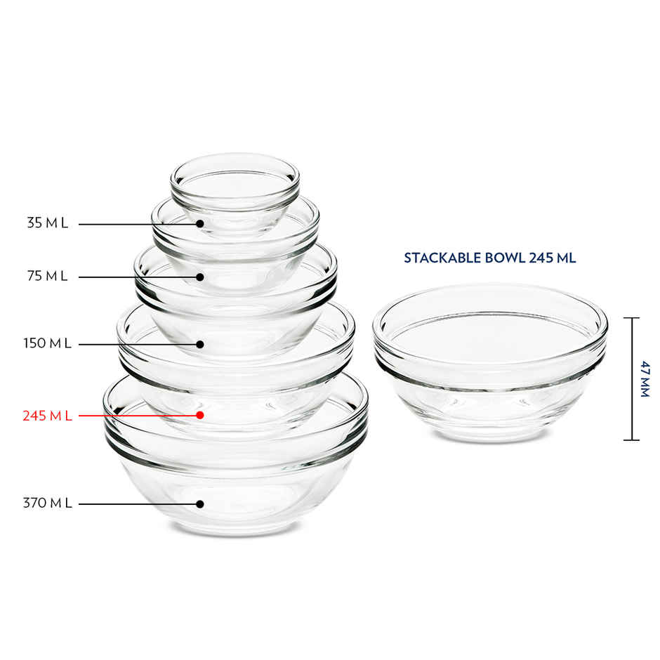 Borosil Stackable Bowl Set (237 ml)| Borosilicate Glass | Microwave & Dishwasher Safe