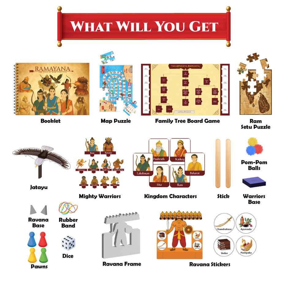 Physics Wallah Ramayana,The Tale of Ram & Sita Kit for Kids, 6-in-1 Fun Activity & Family Board Game