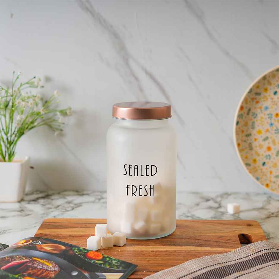 Femora Kitchen Storage Jars Frosted Glass Jar With Steel Lid Air Tight Jar | 1500 ml | Golden Lid