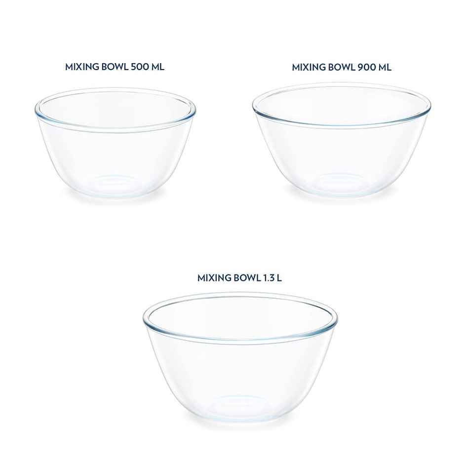 Borosil Glass Serving & Mixing Bowls With Lids, Set of 3 (500 ml + 900 ml + 1.3 L)