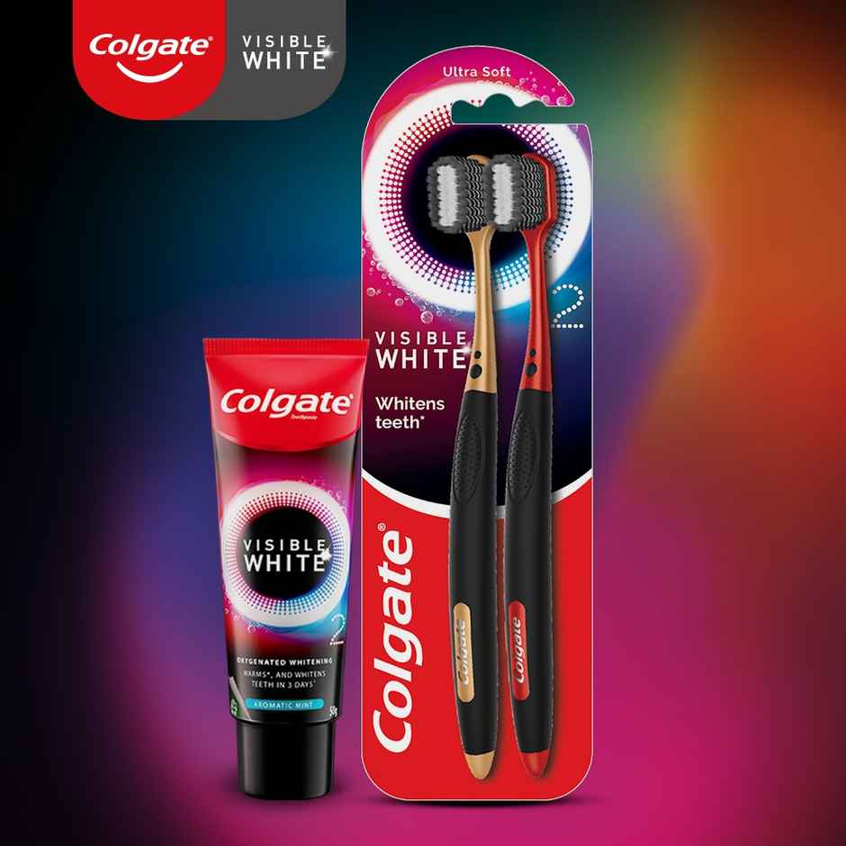 Colgate Visible White O2 Toothbrush (2pc) & Colgate Plax Peppermint Mouthwash (250ml) & Colgate Strong Teeth Anticavity Toothpaste (200g) Combo