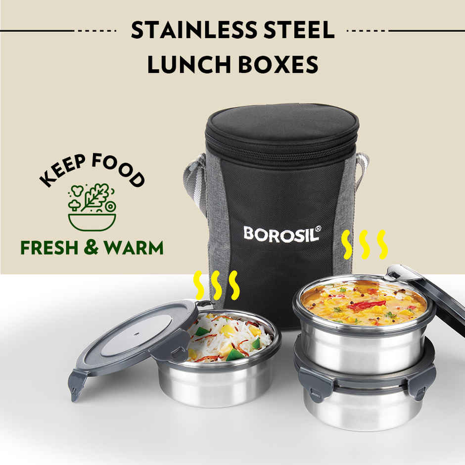 Borosil Feast Stainless Steel Lunchbox with Carry Bag Mixed Sizes Tiffin