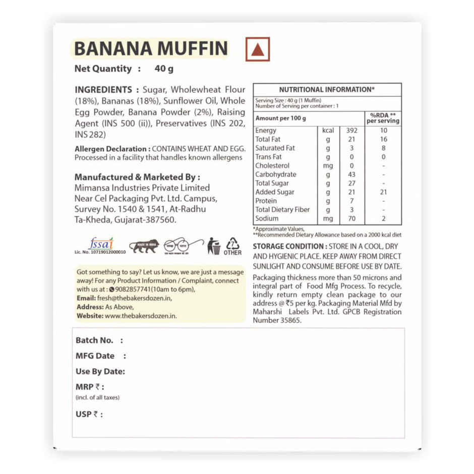The Baker'S Dozen Zero Maida Banana Muffin