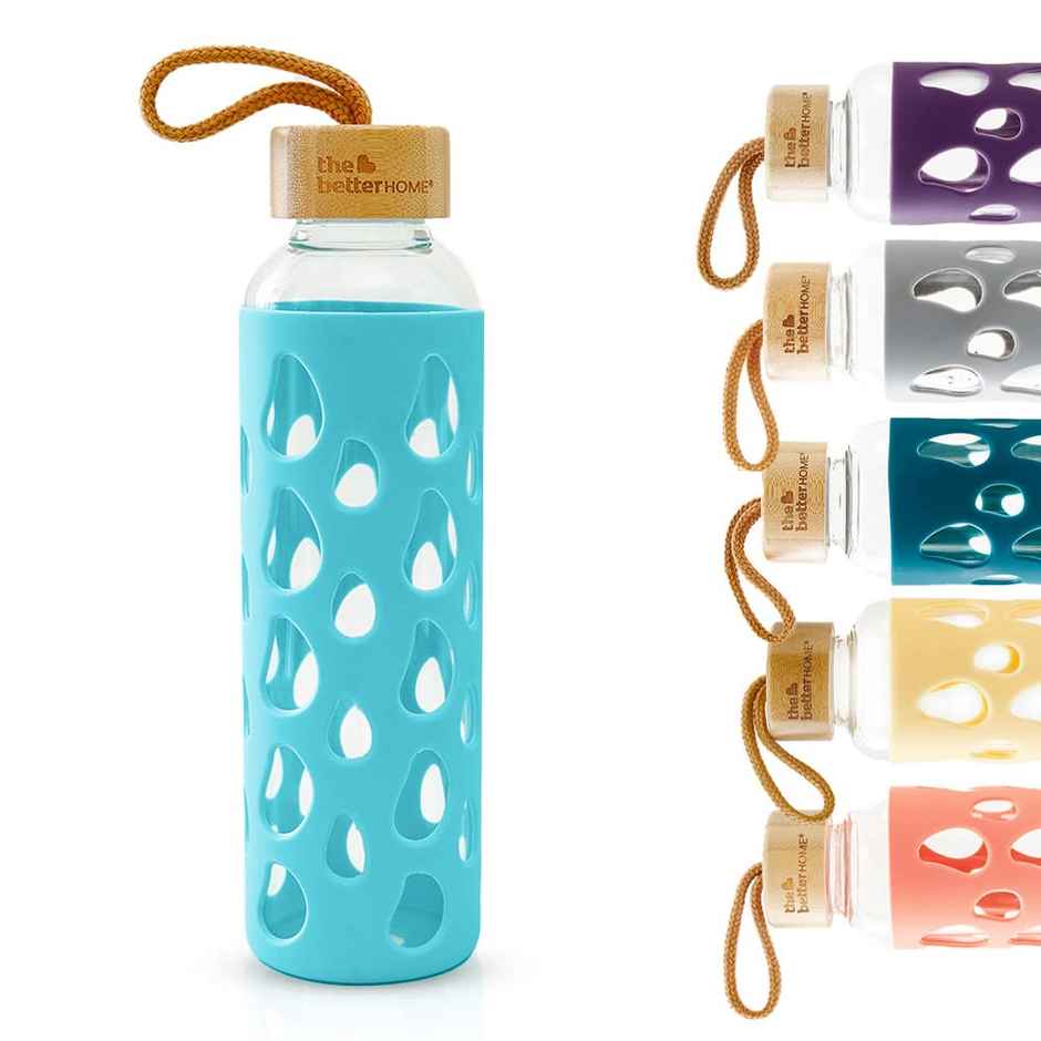 The Better Home 550Ml Borosilicate Glass Bottle With Sleeve And Bamboo Lid With Grip Gaps-Blue