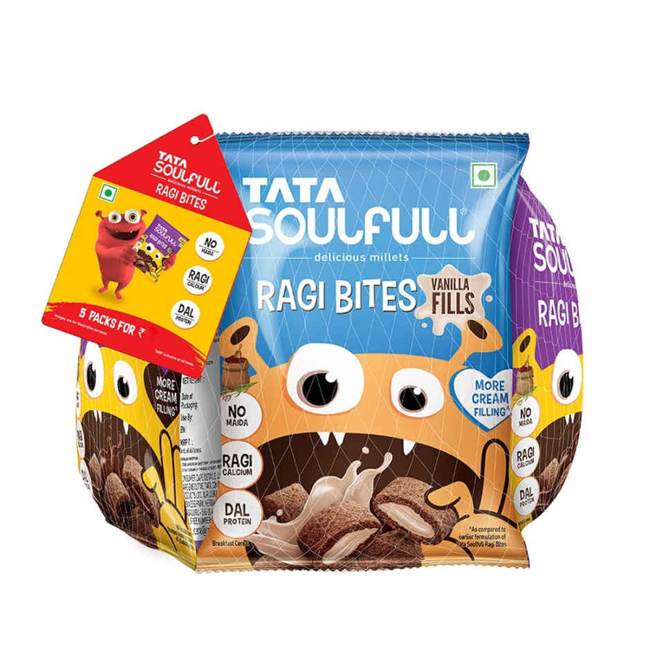 Tata Soulfull Ragi Bites Combo Pack, Choco, Vanilla, Strawberry Fills, Breakfast Cereal