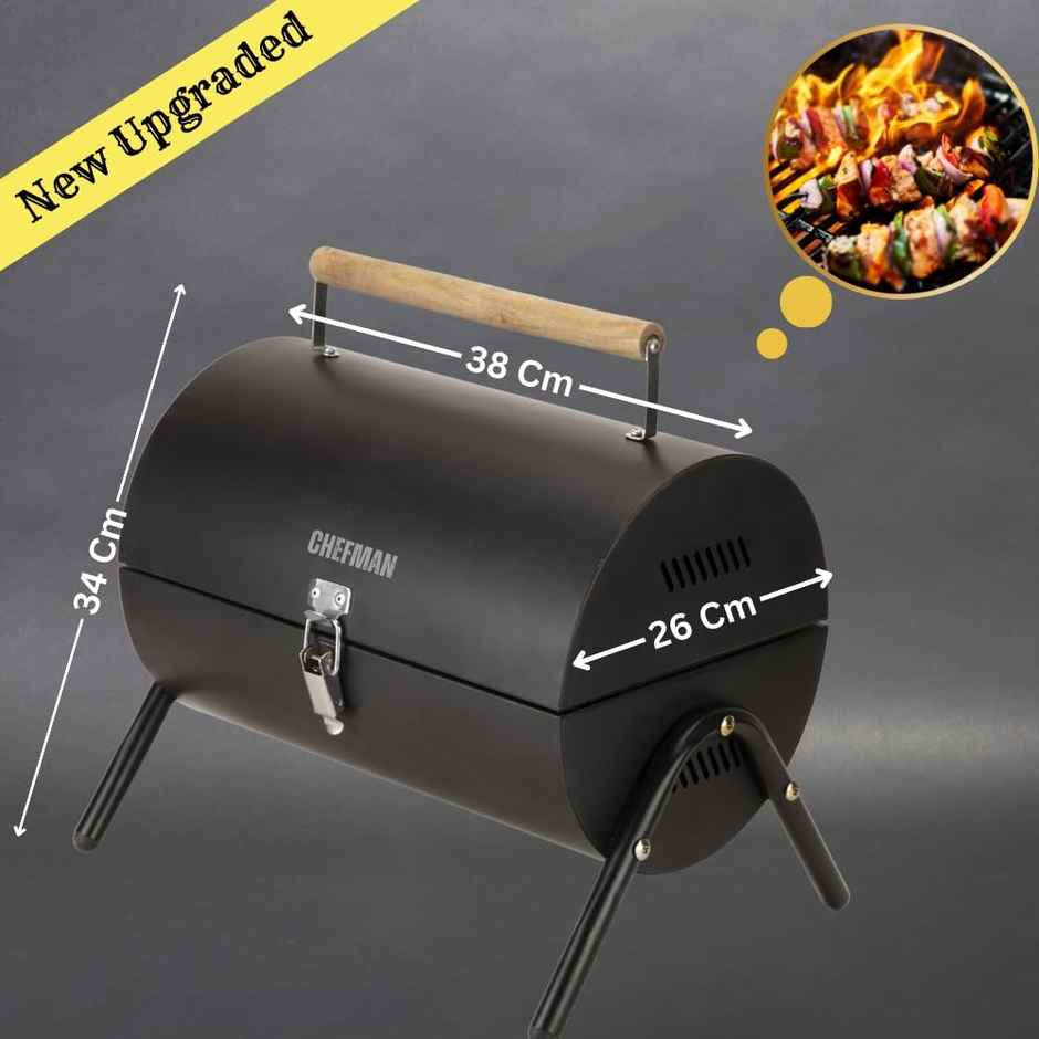 Chefman Barrel Charcoal Barbeque Grill | Detachable Legs | With Accessories | Black
