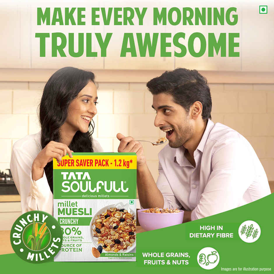 Tata Soulfull Millet Muesli, Crunchy, with Almonds & Raisins, Breakfast Cereal