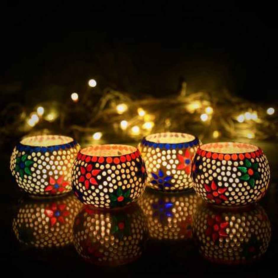 eCraftIndia Set Of 4 Mosaic Glass Decorative Tea Light Candle Holder