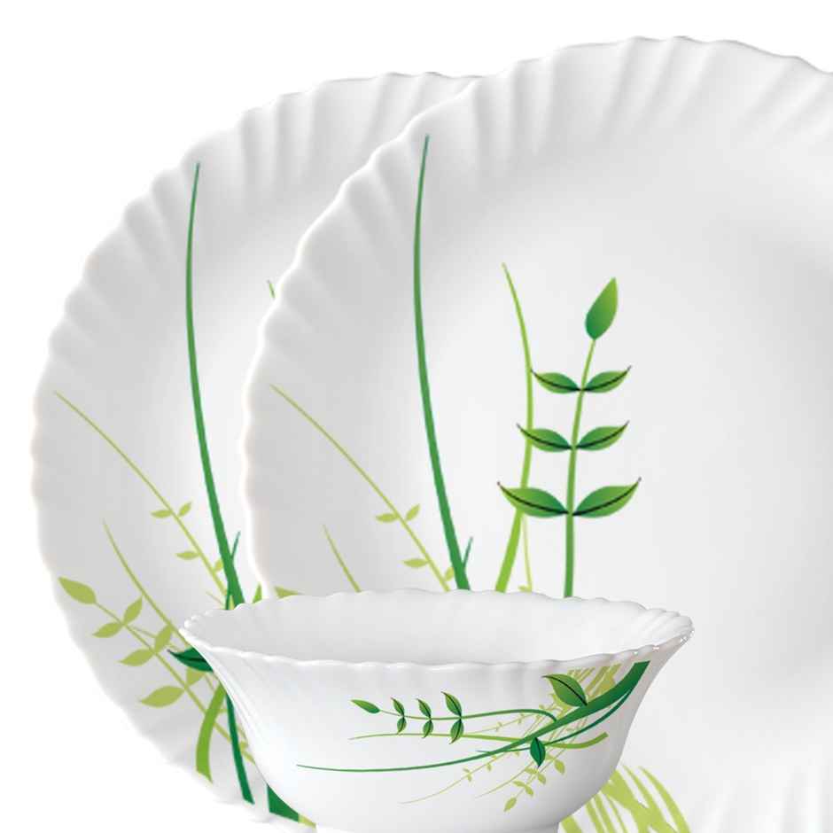 Larah By Borosil Green Herbs 19Pc Dinner Set Opalware Crockery For Dining & Gifting - White