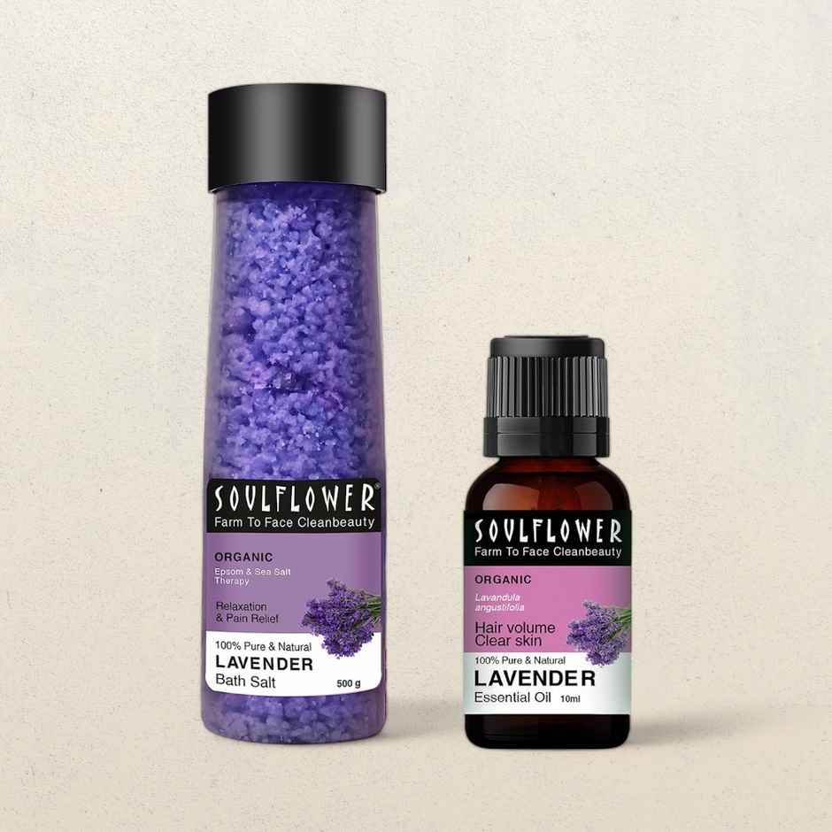 Soulflower Lavender Bath Salt For Muscle Relief & Relaxation(500gms) & Soulflower Lavender Essential Oil(15ml) Combo