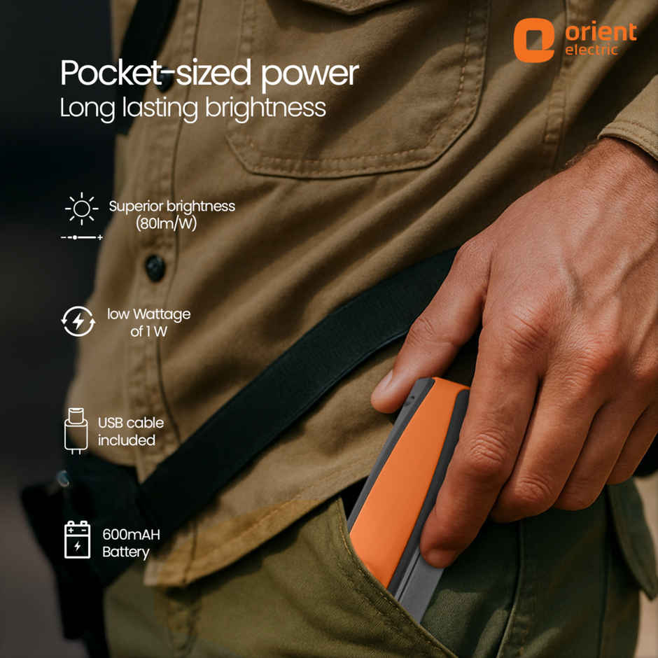 Orient Electric Ranger Dual Light LED Torch | 600 mAh Li Ion Battery | 13cm,Orange and Black