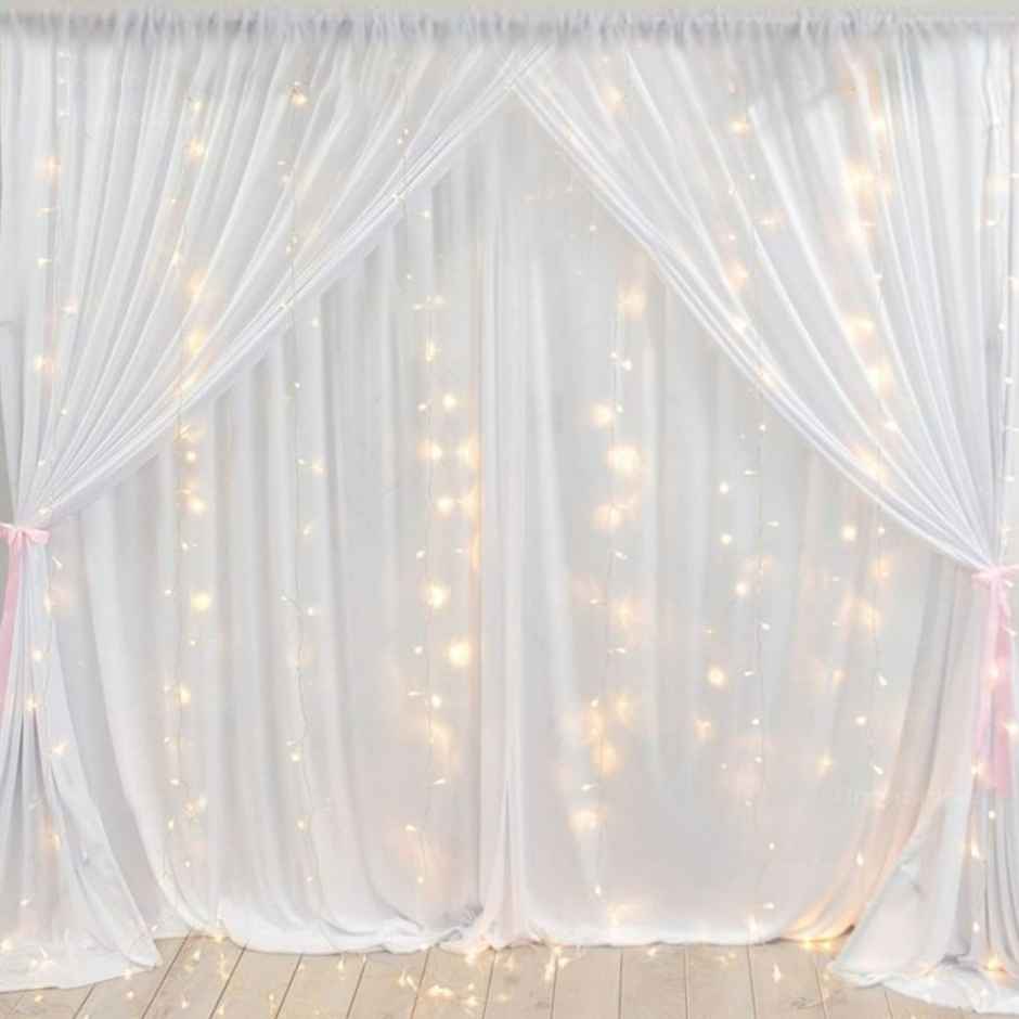 Festive / Party Decoration Combo | 2 White Net Curtains, 2 LED Fairy Lights, Ribbon | Party Propz