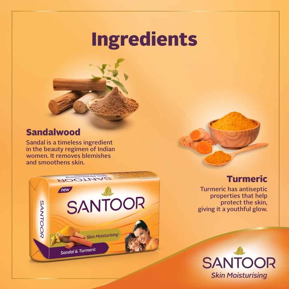 Santoor Skin Moisturizing Sandal and Turmeric Bathing Soap With Anti-Aging Properties