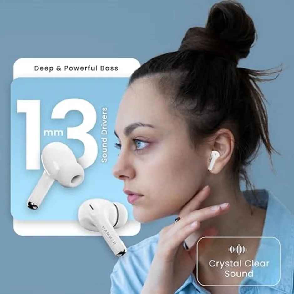 Hammer Aeromax ANC - 32Db TWS, BT v5.4, Low Latency, In-Ear Bluetooth Earbuds - White