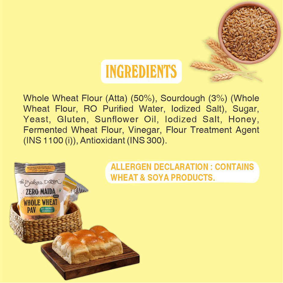 The Baker'S Dozen 100% Whole Wheat Bread - No Palm Oil No Preservative (450g) & The Baker'S Dozen Zero Maida Pav No Palm Oil No Preservative 100% Wholewheat (220g) Combo